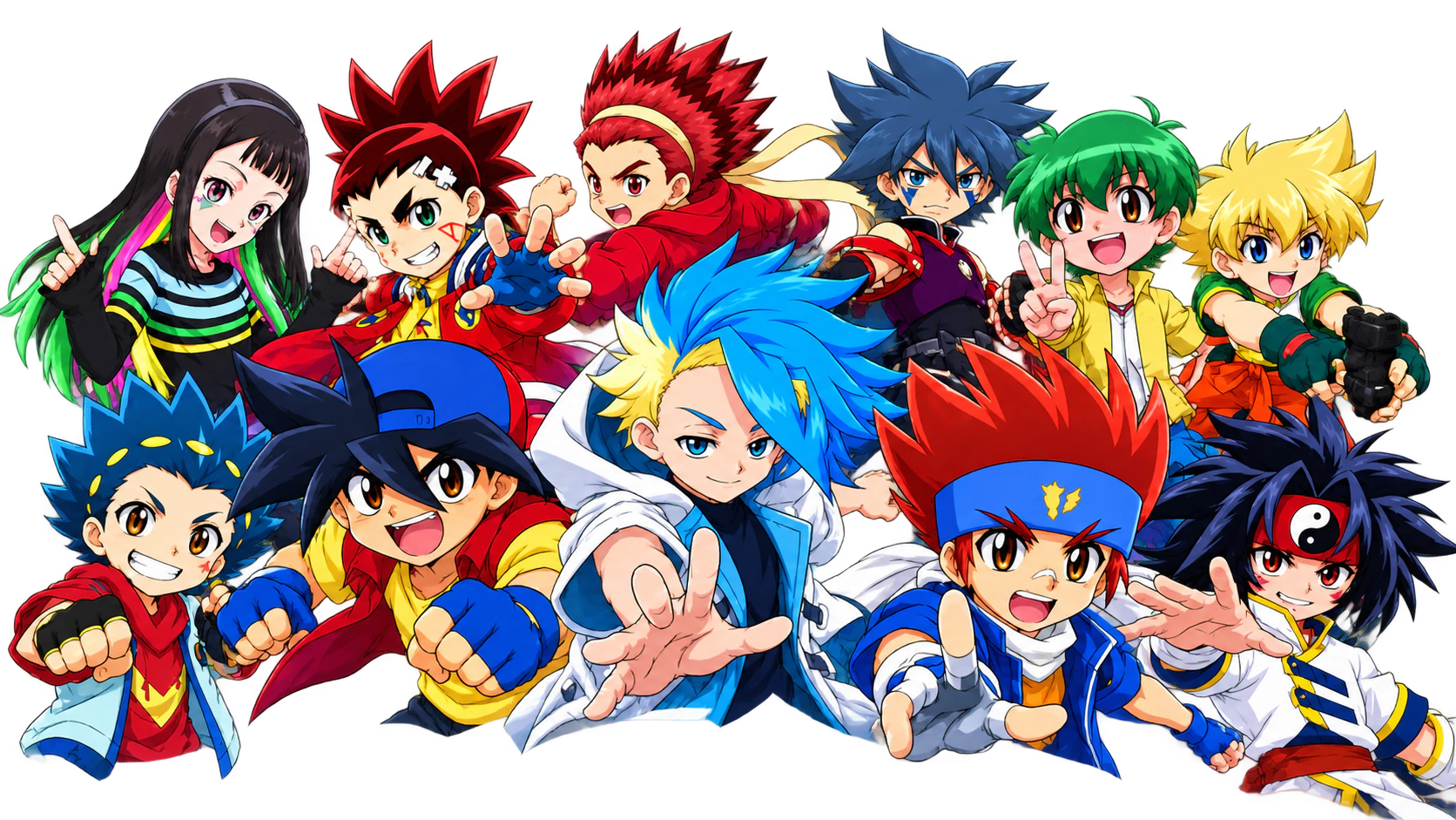 The lead bladers of every Beyblade generation, together